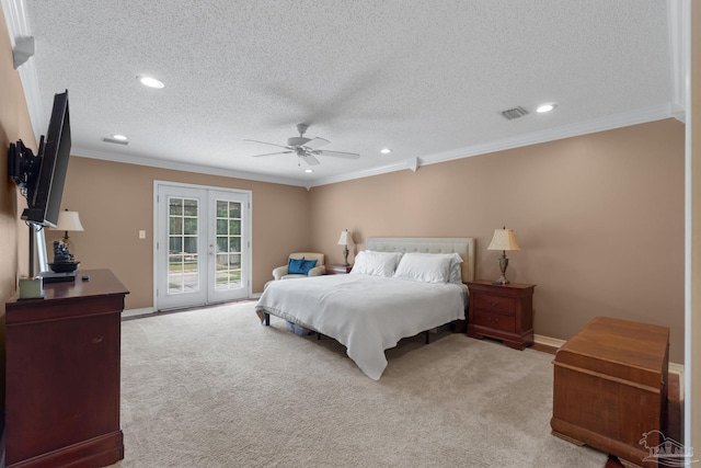 2215 Seascale Ct, Navarre, FL 32566 - carpeted bedroom featuring access to exterior, french doors, a textured ceiling, crown molding, and recessed lighting