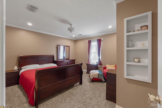 2215 Seascale Ct, Navarre, FL 32566 - bedroom with a textured ceiling, ornamental molding, carpet floors, recessed lighting, and baseboards
