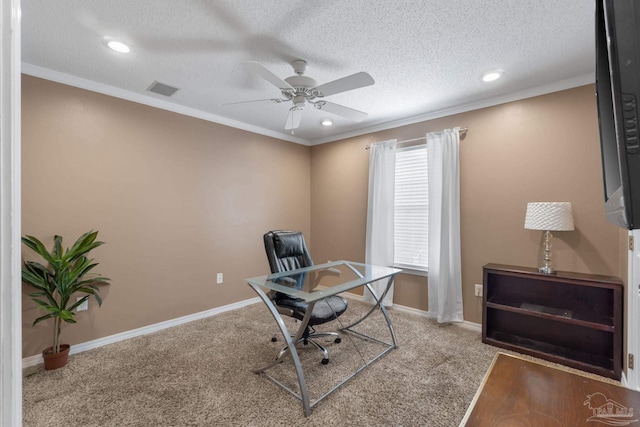 2215 Seascale Ct, Navarre, FL 32566 - carpeted office space with ceiling fan, ornamental molding, recessed lighting, baseboards, and a textured ceiling