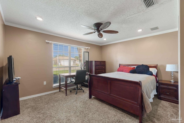 2215 Seascale Ct, Navarre, FL 32566 - bedroom featuring carpet floors, ornamental molding, a desk, a textured ceiling, and ceiling fan