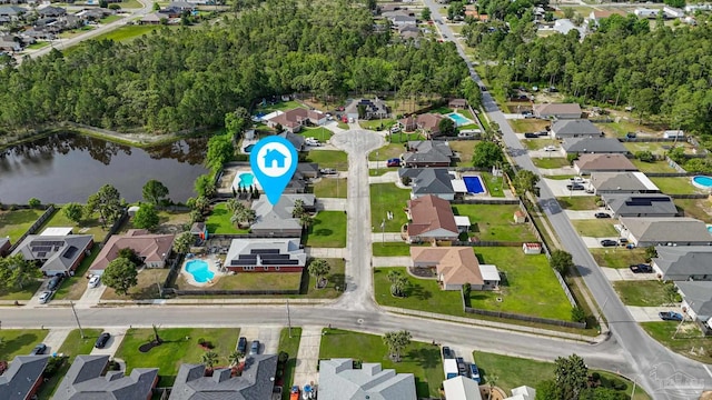 2215 Seascale Ct, Navarre, FL 32566 - aerial view of property and surrounding area featuring nearby suburban area, a large body of water, and a pool