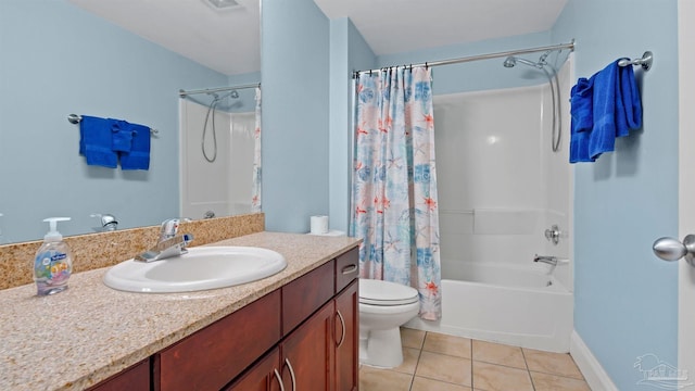 full bathroom with shower / bath combination with curtain, vanity, toilet, and tile patterned floors