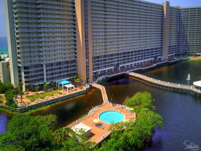 aerial view featuring a water view