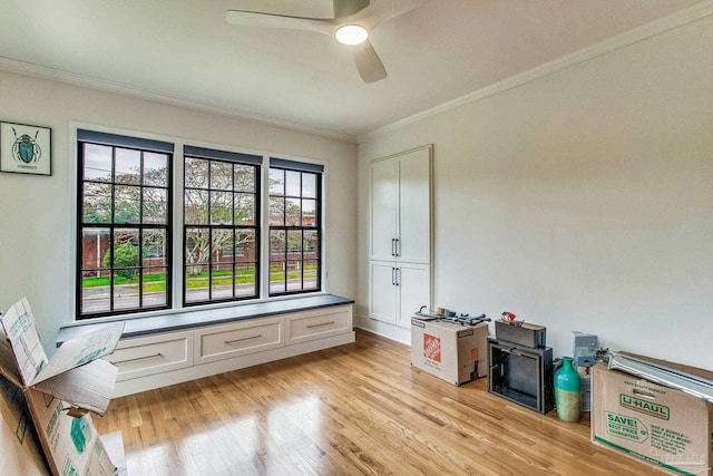 interior space featuring ceiling fan, light wood-type flooring, and ornamental molding