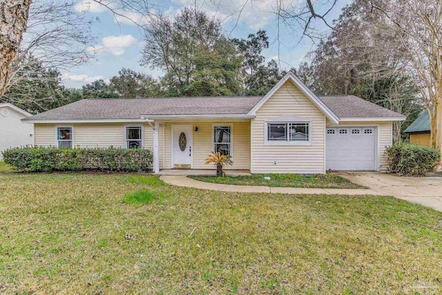 ranch-style house with a garage, a porch, and a front lawn