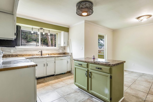 kitchen featuring white cabinets, green cabinetry, dishwasher, and a kitchen island