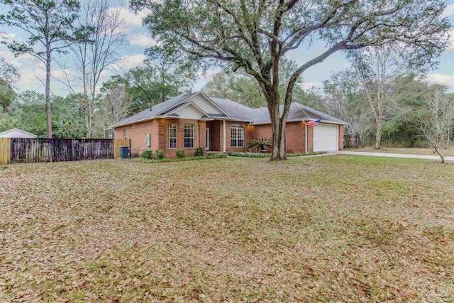 single story home featuring a garage, central AC unit, and a front lawn