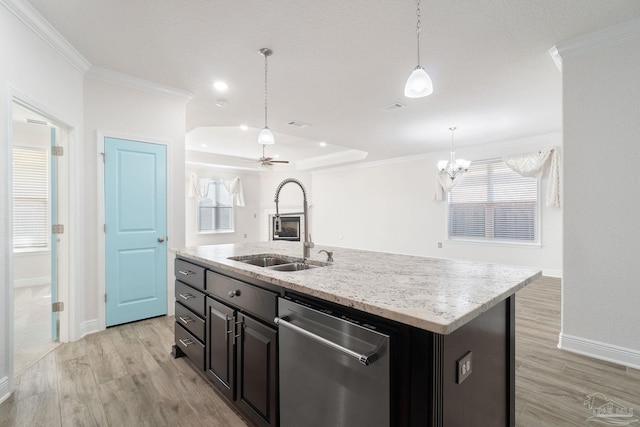 2339 Habersham Ln, Cantonment, FL 32533 - kitchen featuring a center island with sink, dishwasher, ornamental molding, pendant lighting, and a sink