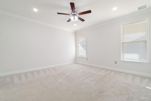 2339 Habersham Ln, Cantonment, FL 32533 - unfurnished room with crown molding, recessed lighting, light colored carpet, visible vents, and baseboards