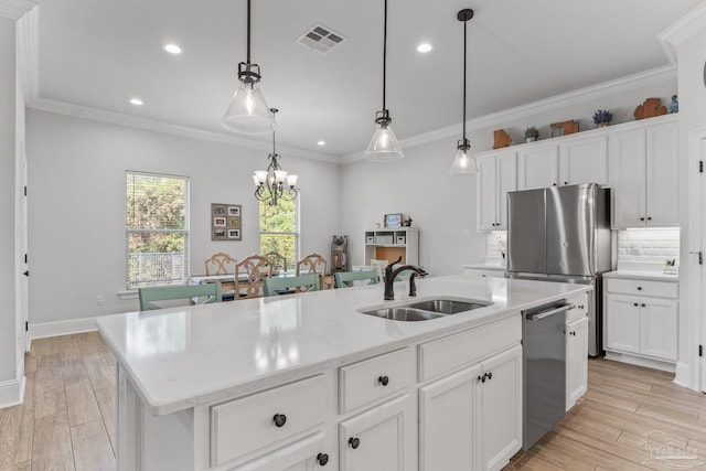 kitchen with appliances with stainless steel finishes, white cabinets, a kitchen island with sink, and sink