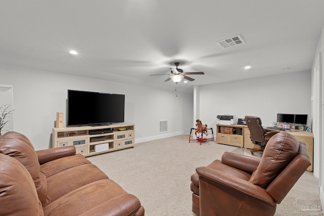 living room with carpet flooring and ceiling fan