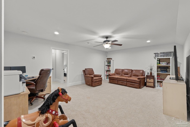 4726 Soundside Dr, Gulf Breeze, FL 32563 - carpeted living room with a ceiling fan, an office area, and recessed lighting