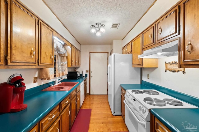 kitchen featuring a textured ceiling, white appliances, light hardwood / wood-style floors, and sink