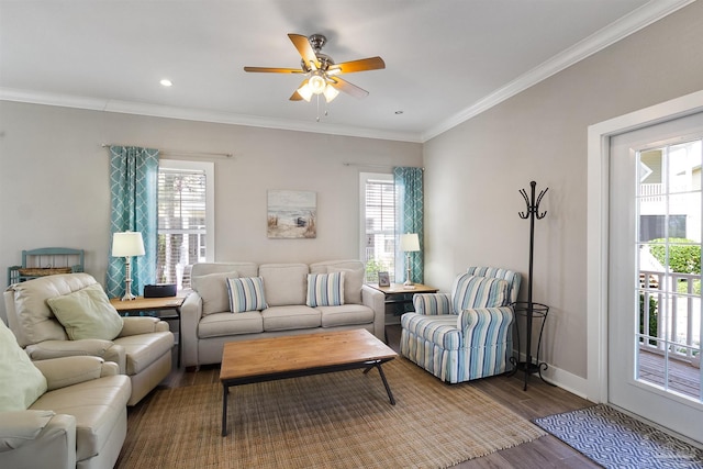 living room featuring recessed lighting, wood finished floors, a ceiling fan, baseboards, and crown molding