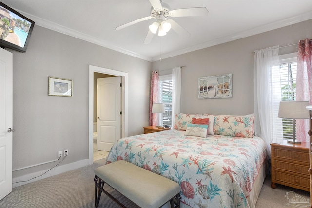 bedroom with baseboards, multiple windows, light colored carpet, and crown molding