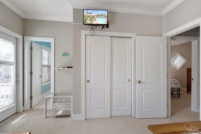 unfurnished bedroom featuring crown molding, a closet, and carpet flooring