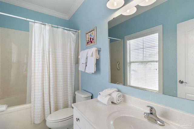 full bathroom featuring shower / tub combo, crown molding, vanity, and toilet