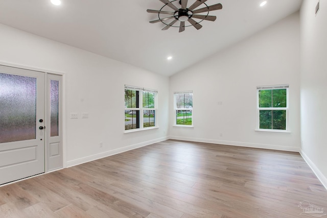 entryway with recessed lighting, baseboards, wood finished floors, and ceiling fan