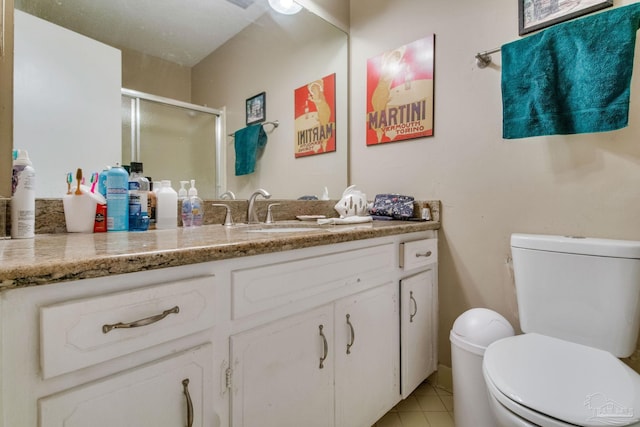 bathroom featuring tile patterned flooring, a shower stall, toilet, and vanity