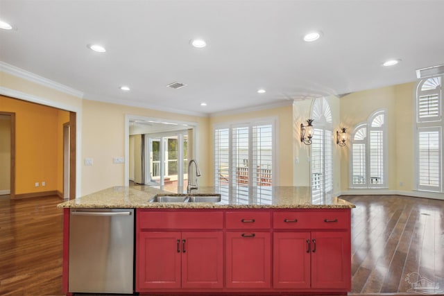 kitchen with sink, ornamental molding, dark hardwood / wood-style floors, and dishwasher