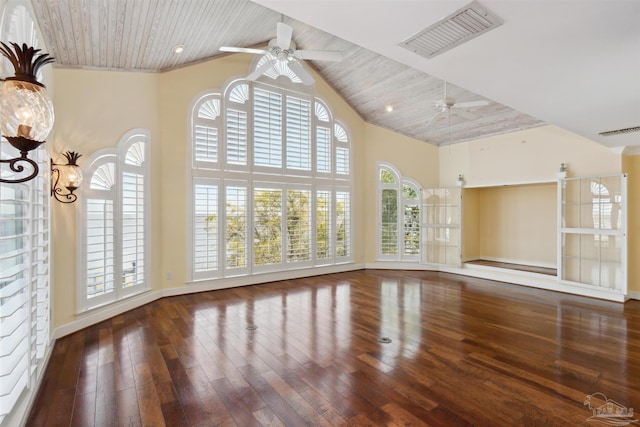 unfurnished sunroom with ceiling fan, lofted ceiling, and wooden ceiling