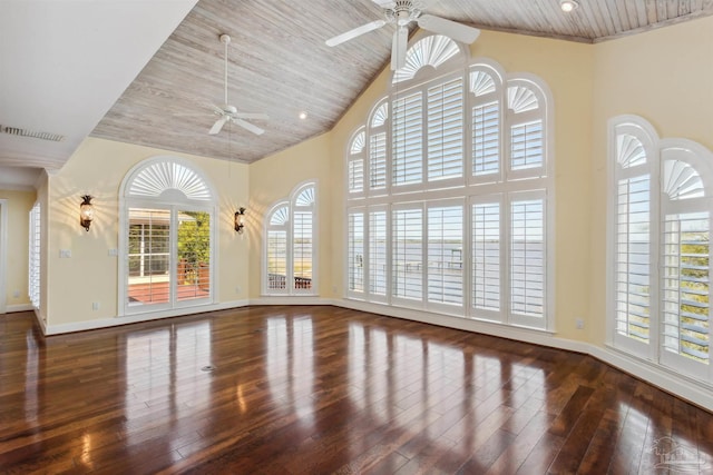 unfurnished living room featuring wood-type flooring, ceiling fan, wooden ceiling, and high vaulted ceiling