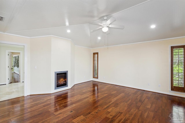 unfurnished living room with hardwood / wood-style flooring, crown molding, lofted ceiling, and ceiling fan