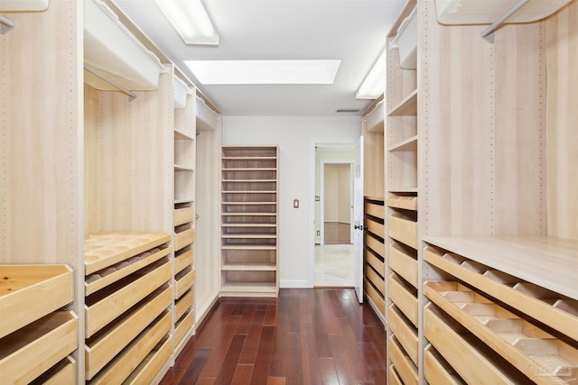 spacious closet featuring a skylight and dark hardwood / wood-style floors