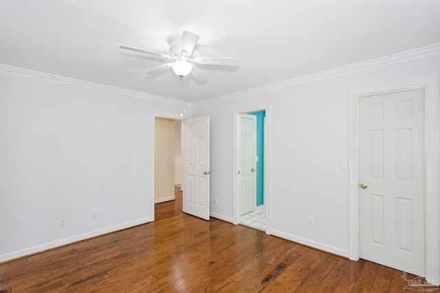 unfurnished room with crown molding, ceiling fan, and wood-type flooring