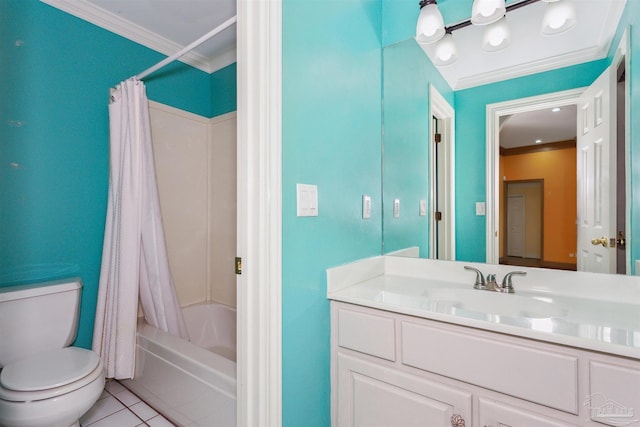 full bathroom with shower / bathtub combination with curtain, crown molding, tile patterned flooring, vanity, and toilet