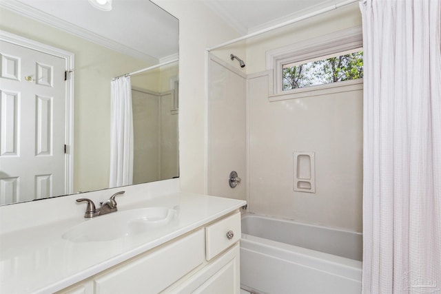 bathroom with crown molding, vanity, and shower / tub combo