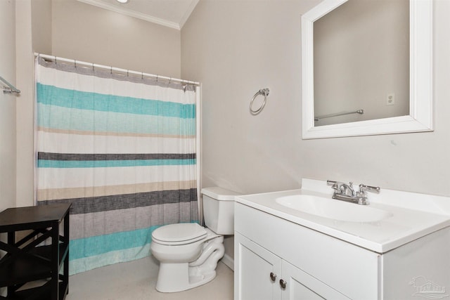 bathroom with vanity, curtained shower, ornamental molding, and toilet