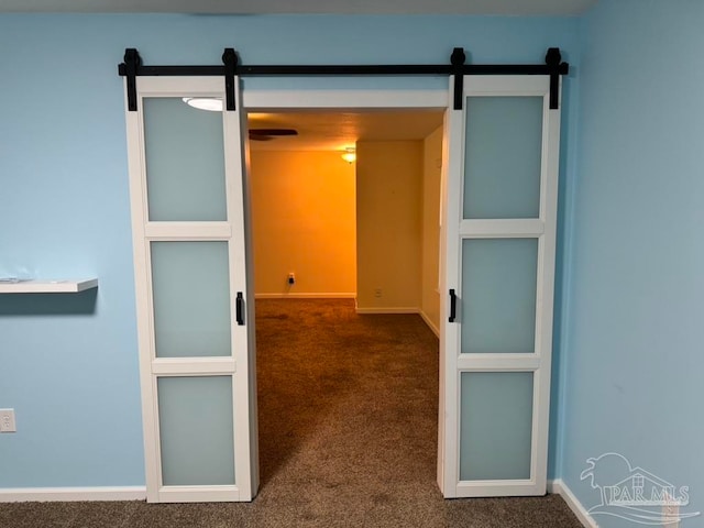 spacious closet featuring a barn door and carpet