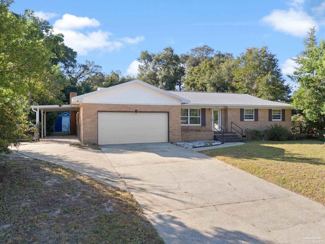 ranch-style home featuring a front lawn, a garage, and a carport