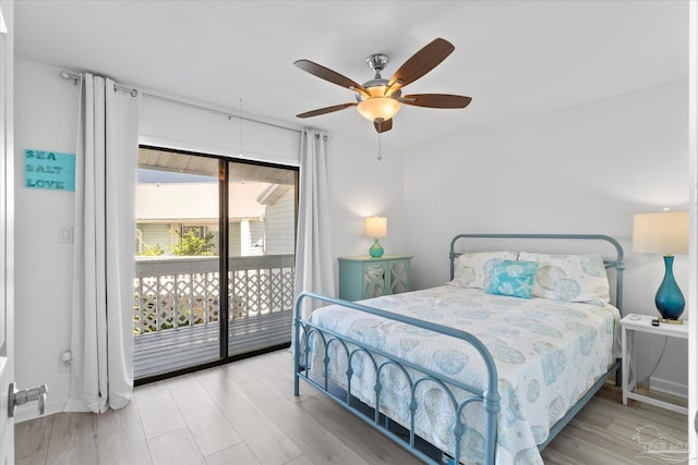 bedroom with ceiling fan, access to exterior, and light hardwood / wood-style flooring