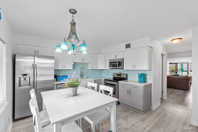 kitchen with backsplash, pendant lighting, light wood-type flooring, appliances with stainless steel finishes, and white cabinets