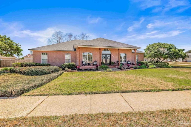 view of front of house featuring fence, a front lawn, french doors, and brick siding