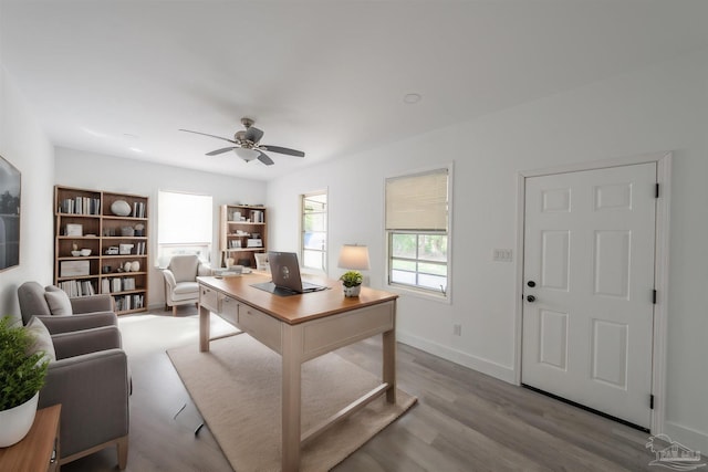 office area featuring ceiling fan and light wood-type flooring