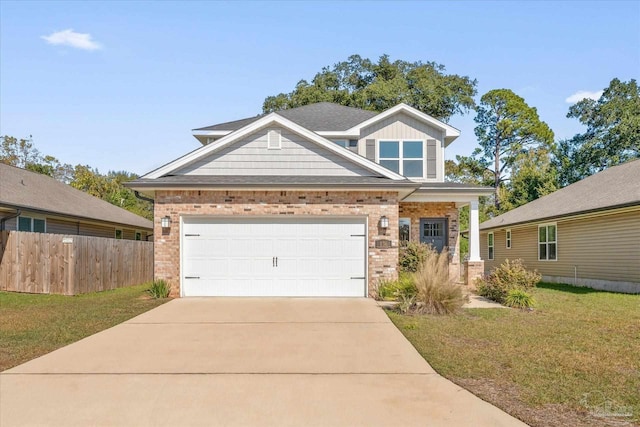 craftsman-style home with a garage and a front lawn