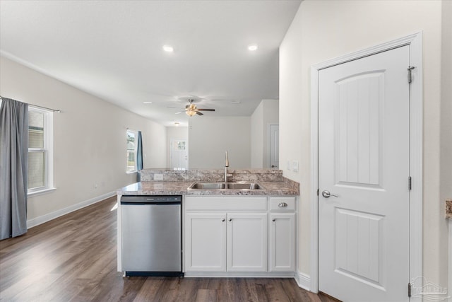 kitchen with ceiling fan, dishwasher, sink, dark hardwood / wood-style flooring, and white cabinets