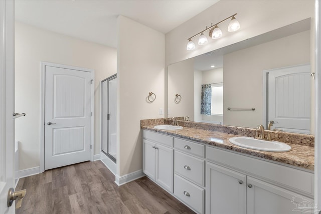 bathroom featuring wood-type flooring, vanity, and a shower with shower door