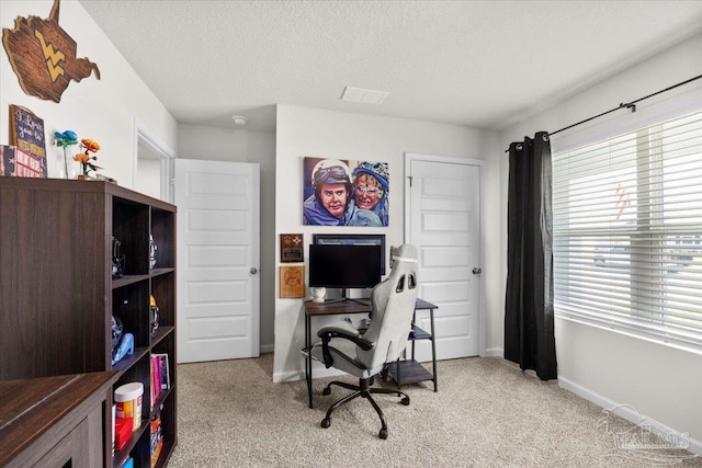home office featuring a textured ceiling, carpet flooring, baseboards, and a healthy amount of sunlight