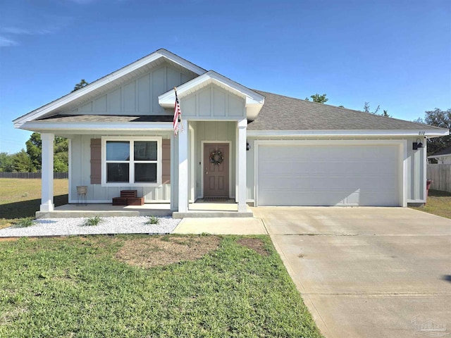 ranch-style house featuring board and batten siding, driveway, covered porch, an attached garage, and roof with shingles