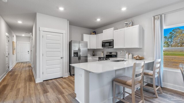9869 Starling Dr, Pensacola, FL 32506 - kitchen with appliances with stainless steel finishes, a sink, a peninsula, light countertops, and light wood finished floors