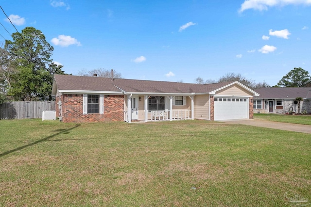 single story home featuring fence, concrete driveway, a front yard, covered porch, and an attached garage