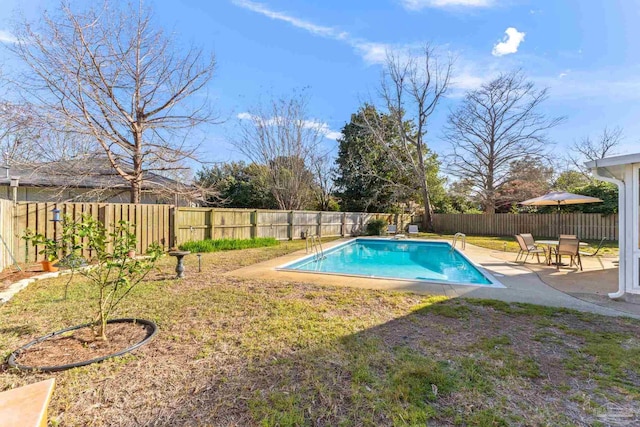 view of swimming pool with a fenced backyard, a fenced in pool, and a patio