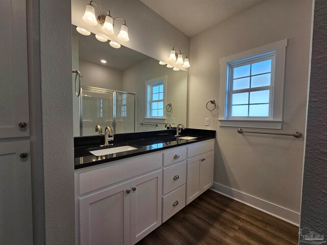 bathroom with vanity, hardwood / wood-style flooring, and an enclosed shower