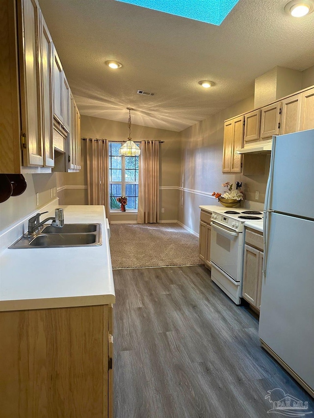 kitchen featuring sink, white appliances, hanging light fixtures, wood-type flooring, and a textured ceiling