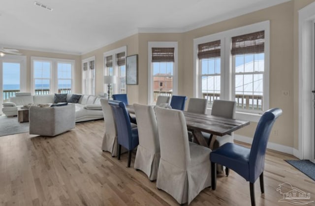 dining room with a healthy amount of sunlight, a water view, and light wood-type flooring