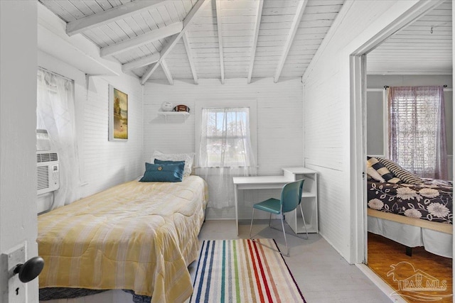 bedroom featuring wooden ceiling, multiple windows, and lofted ceiling with beams